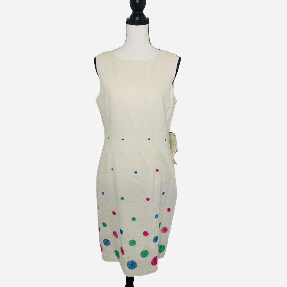 Sleeveless Cream Midi Dress with Multicolor Dot Accents